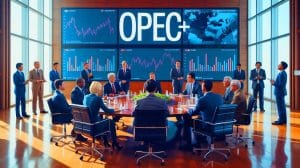 Illustration of OPEC+ members discussing oil output strategies and global market impacts.