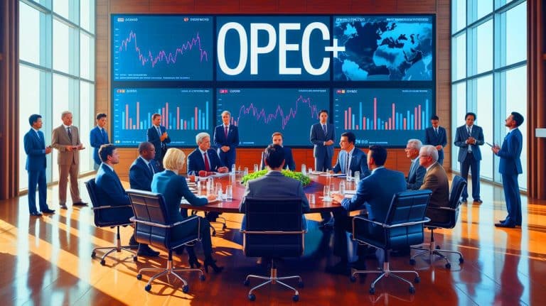 Illustration of OPEC+ members discussing oil output strategies and global market impacts.