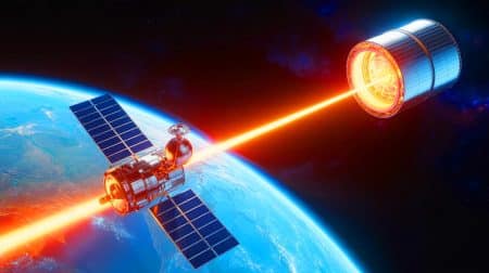 Illustration of Star Catcher Industries' power beaming technology at NASA's Kennedy Space Center.