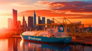 Illustration of TotalEnergies CEO Patrick Pouyanne discussing Europe's reliance on U.S. LNG amid geopolitical tensions.