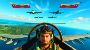 Illustration of former President Donald Trump declaring the closure of Venezuelan airspace amid rising geopolitical tensions.