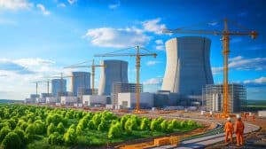 Illustration of the U.S. Energy Secretary announcing the focus on nuclear power plant financing.