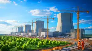 Illustration of the U.S. Energy Secretary announcing the focus on nuclear power plant financing.