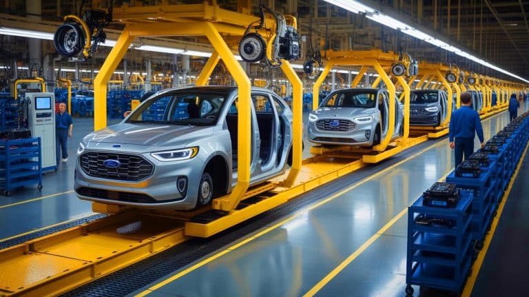 Ford Reveals $19.5 Billion Charge as EV Strategy Unravels, Impacting Jobs and Future Mobility Choices Illustration of Ford's strategic shift from electric vehicles to gas and hybrid models.