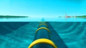 Illustration of a U.S. judge blocking Michigan's attempt to shut down Enbridge's Line 5 pipeline.