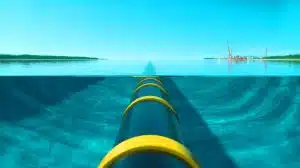 Illustration of a U.S. judge blocking Michigan's attempt to shut down Enbridge's Line 5 pipeline.