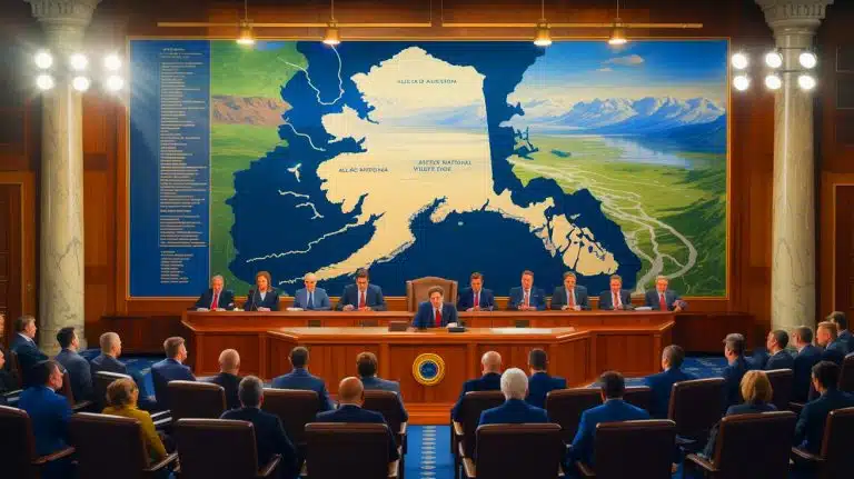 US Congress Repeals Limits on Alaska Oil and Gas, Sparking Debate Over Environmental and Economic Impacts Illustration of the U.S. Congress voting to repeal Biden-era restrictions on oil and gas development in the Arctic National Wildlife Refuge.