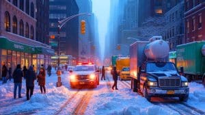 Illustration of a woman standing in a snow-covered street in Manhattan during a cold snap.