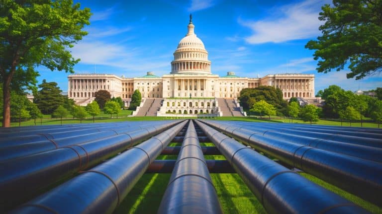 US House Bill Speeds Up Natural Gas Pipeline Permits, Promising Faster Energy Access and Economic Growth Illustration of the U.S. House of Representatives passing a bill to expedite federal permitting for interstate natural gas pipelines.
