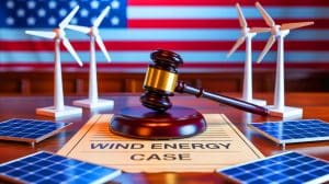 Illustration of a federal judge ruling against President Donald Trump's wind energy executive order.