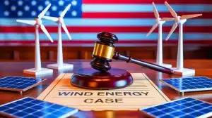 Illustration of a federal judge ruling against President Donald Trump's wind energy executive order.