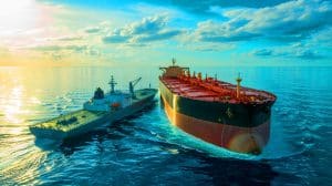 Illustration of a U.S. naval vessel intercepting an oil tanker near the coast of Venezuela.