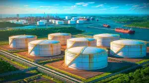 Illustration of Venezuela's oil storage facilities nearing maximum capacity amid U.S. sanctions.